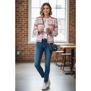 Belle Vere Striped Fringe Open Front Jacket - XS - Neon Coral & Navy - Tweed Sty